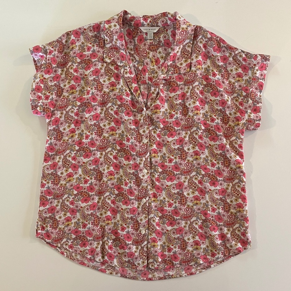 Lucky Brand Pink Floral and Paisley Short Sleeve Button Down Blouse